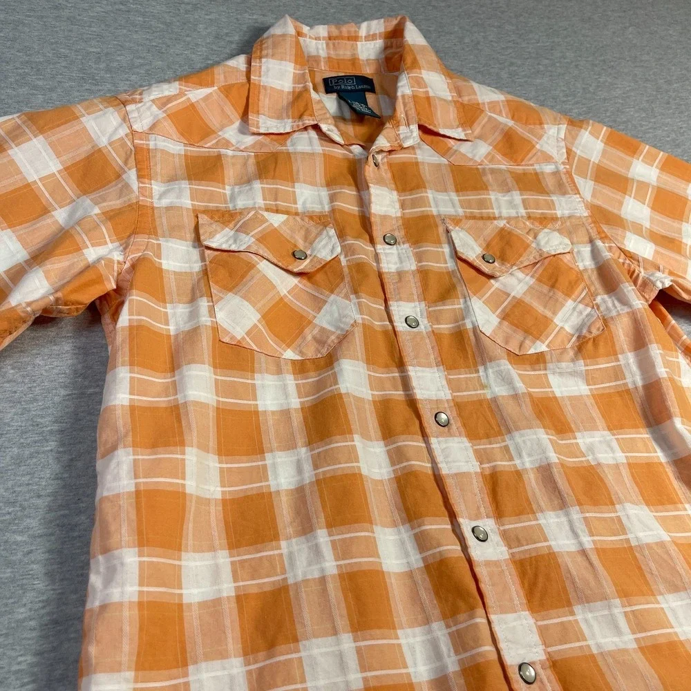 Polo Ralph Lauren Western Snap Shirt Boys Large 14-16 Orange White Plaid Cotton